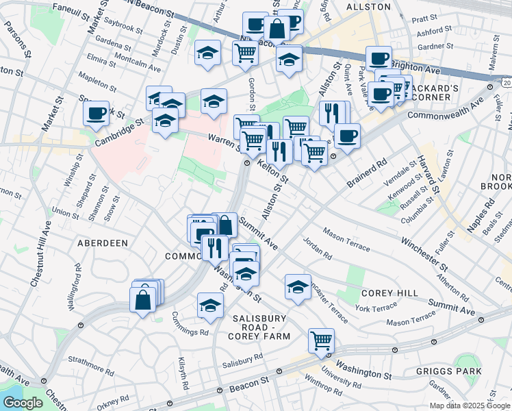 map of restaurants, bars, coffee shops, grocery stores, and more near 1486 Commonwealth Avenue in Boston