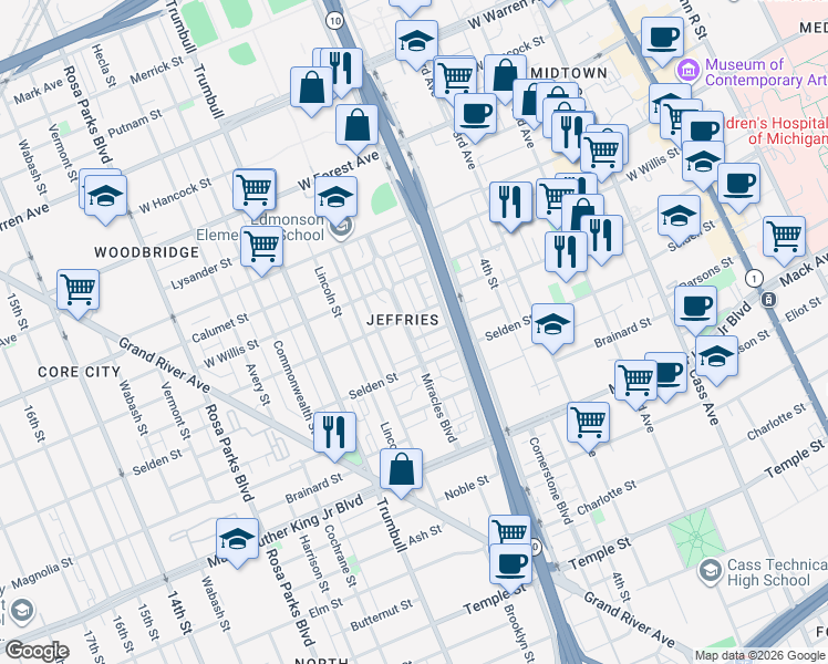 map of restaurants, bars, coffee shops, grocery stores, and more near in Detroit
