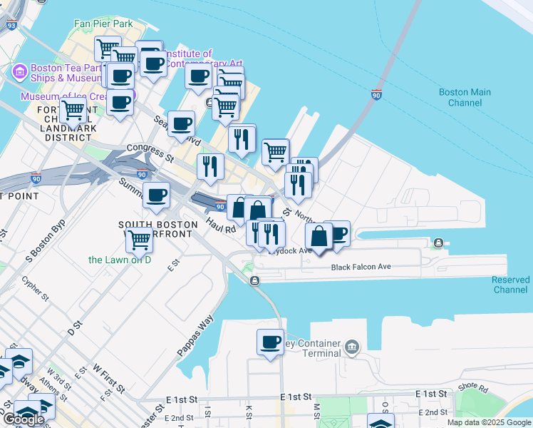 map of restaurants, bars, coffee shops, grocery stores, and more near 20 Channel Street in Boston