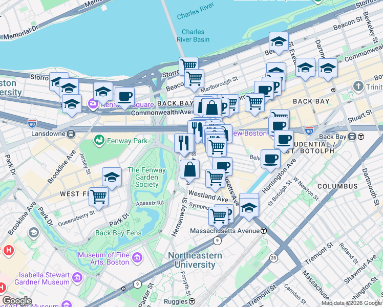 map of restaurants, bars, coffee shops, grocery stores, and more near 15 Hemenway Street in Boston