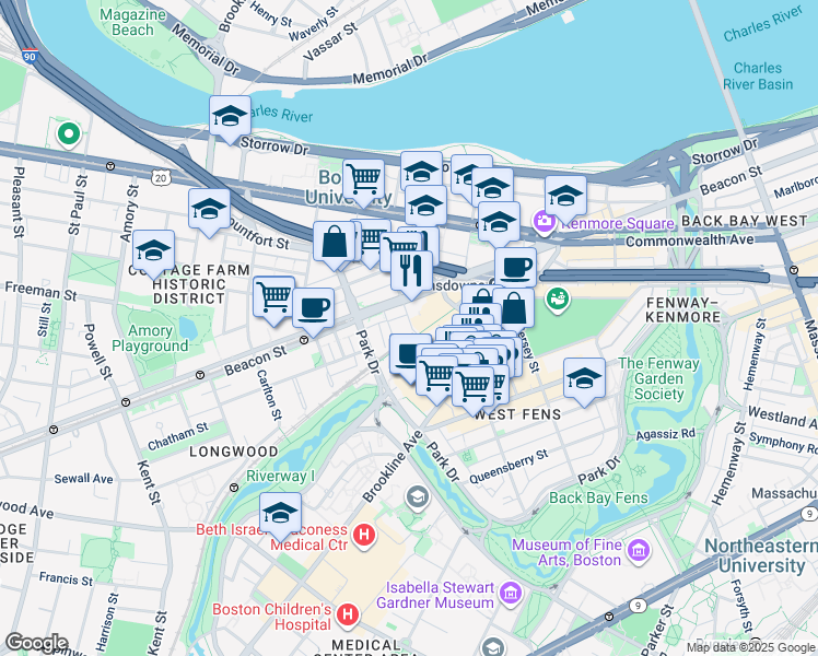 map of restaurants, bars, coffee shops, grocery stores, and more near 9 Miner Street in Boston