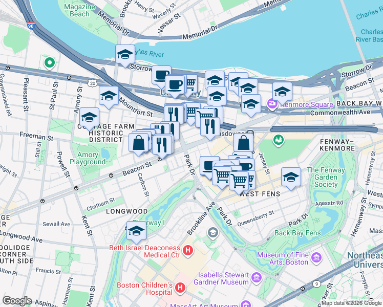 map of restaurants, bars, coffee shops, grocery stores, and more near 880 Beacon Street in Boston