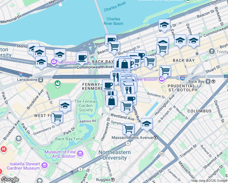 map of restaurants, bars, coffee shops, grocery stores, and more near Hemenway Street & Haviland Street in Boston