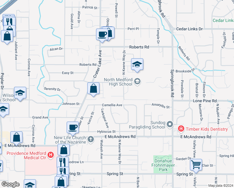 map of restaurants, bars, coffee shops, grocery stores, and more near 1867 North Keeneway Drive in Medford