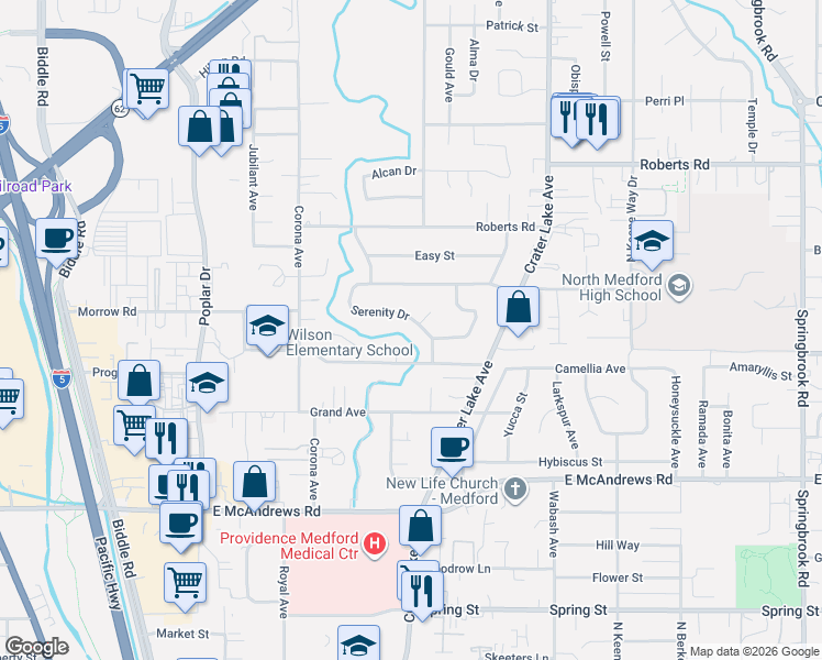 map of restaurants, bars, coffee shops, grocery stores, and more near 1706 View Place in Medford