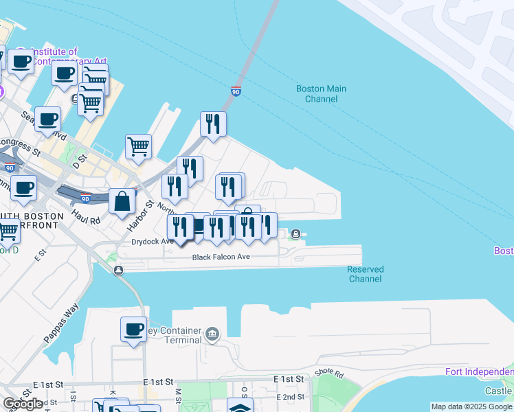 map of restaurants, bars, coffee shops, grocery stores, and more near 1 Au Bon Pain Way in Boston