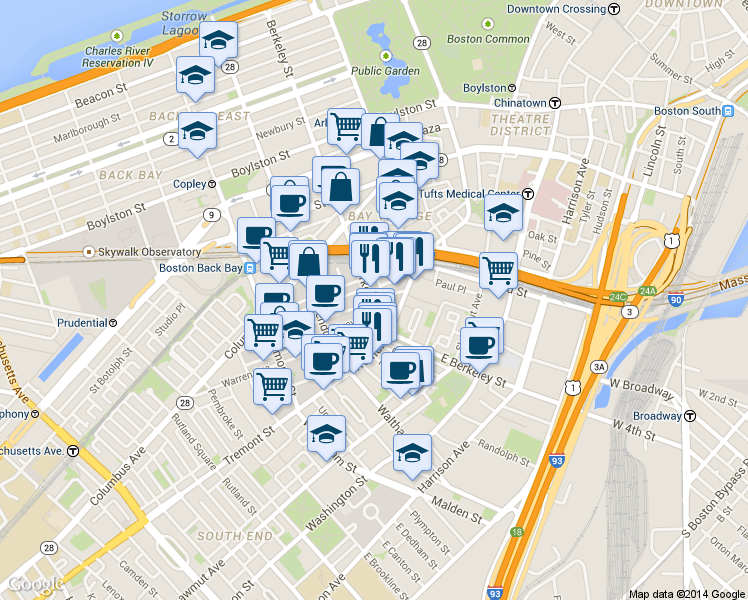 map of restaurants, bars, coffee shops, grocery stores, and more near in Boston