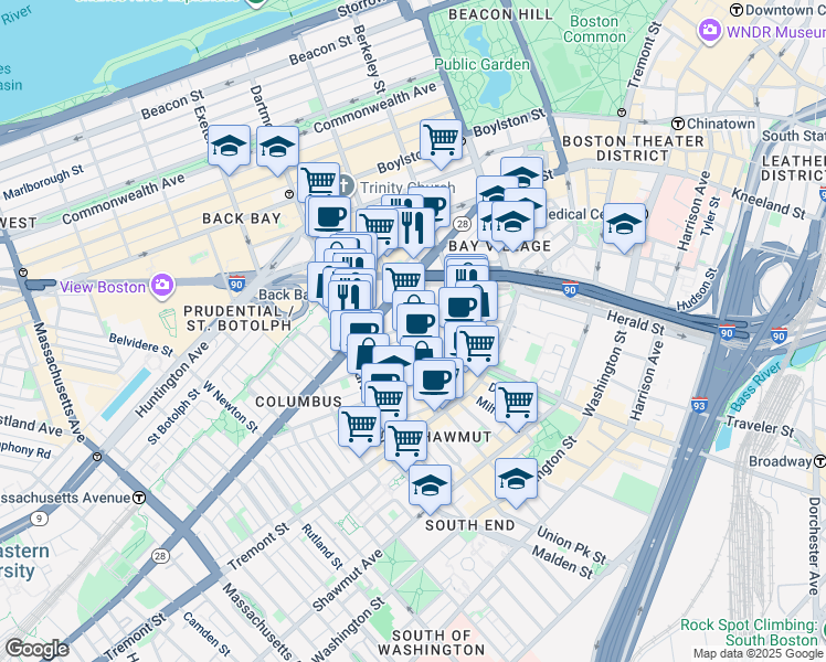 map of restaurants, bars, coffee shops, grocery stores, and more near in Boston