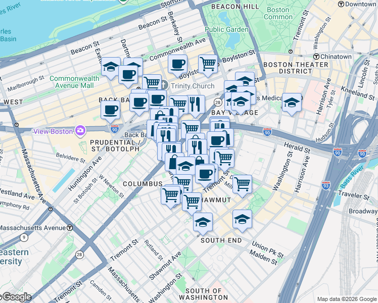 map of restaurants, bars, coffee shops, grocery stores, and more near in Boston