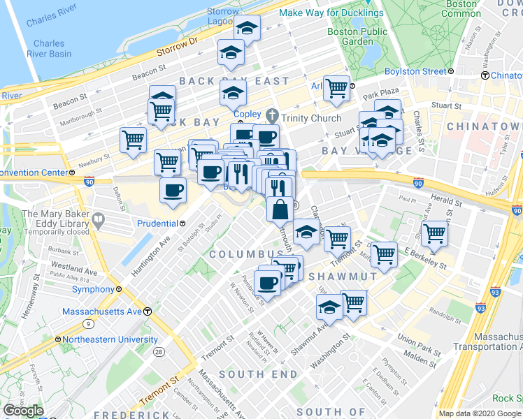 map of restaurants, bars, coffee shops, grocery stores, and more near 130 Dartmouth Street in Boston