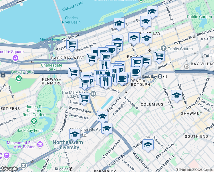 map of restaurants, bars, coffee shops, grocery stores, and more near in Boston