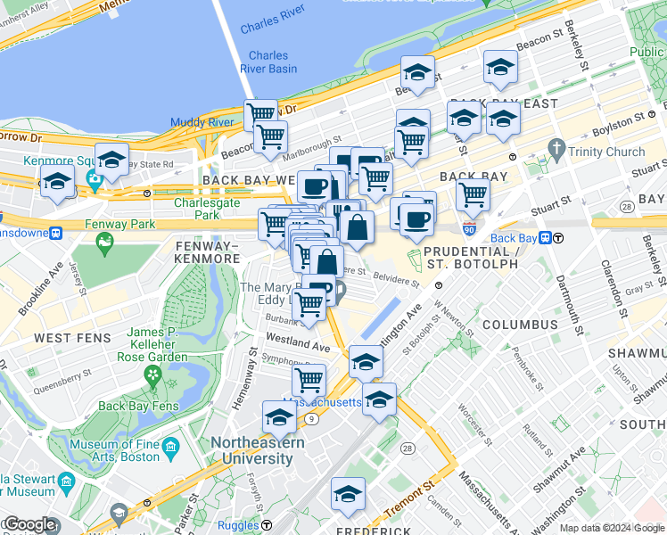 map of restaurants, bars, coffee shops, grocery stores, and more near 14 Belvidere Street in Boston