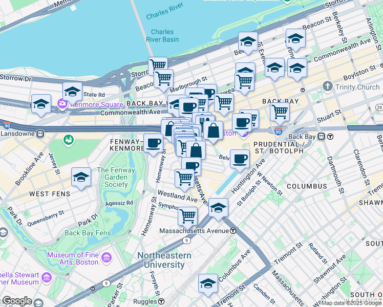 map of restaurants, bars, coffee shops, grocery stores, and more near 14 Belvidere Street in Boston