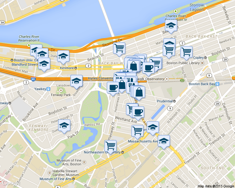 map of restaurants, bars, coffee shops, grocery stores, and more near 24 Fenway in Boston