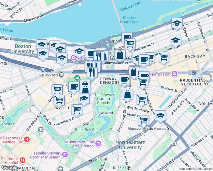map of restaurants, bars, coffee shops, grocery stores, and more near in Boston