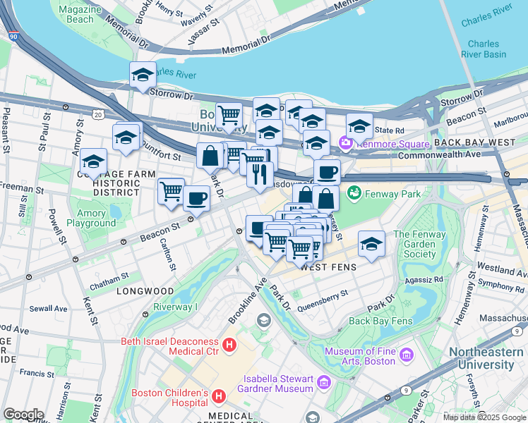 map of restaurants, bars, coffee shops, grocery stores, and more near 9 Miner Street in Boston