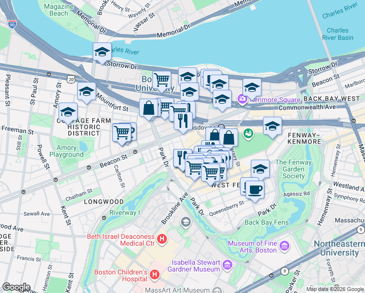 map of restaurants, bars, coffee shops, grocery stores, and more near 9 Miner Street in Boston