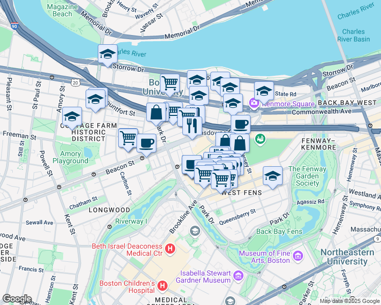 map of restaurants, bars, coffee shops, grocery stores, and more near 9 Miner Street in Boston