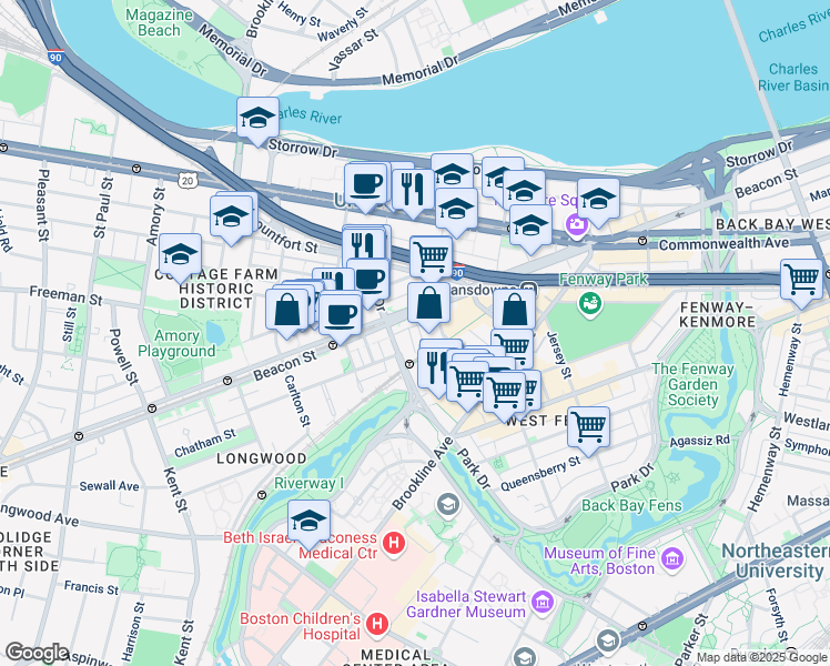 map of restaurants, bars, coffee shops, grocery stores, and more near 880 Beacon Street in Boston