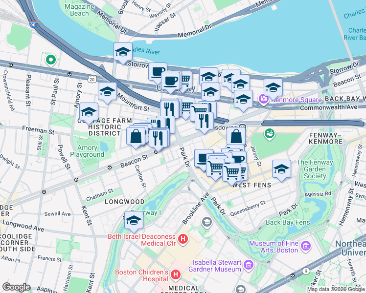 map of restaurants, bars, coffee shops, grocery stores, and more near 880 Beacon Street in Boston