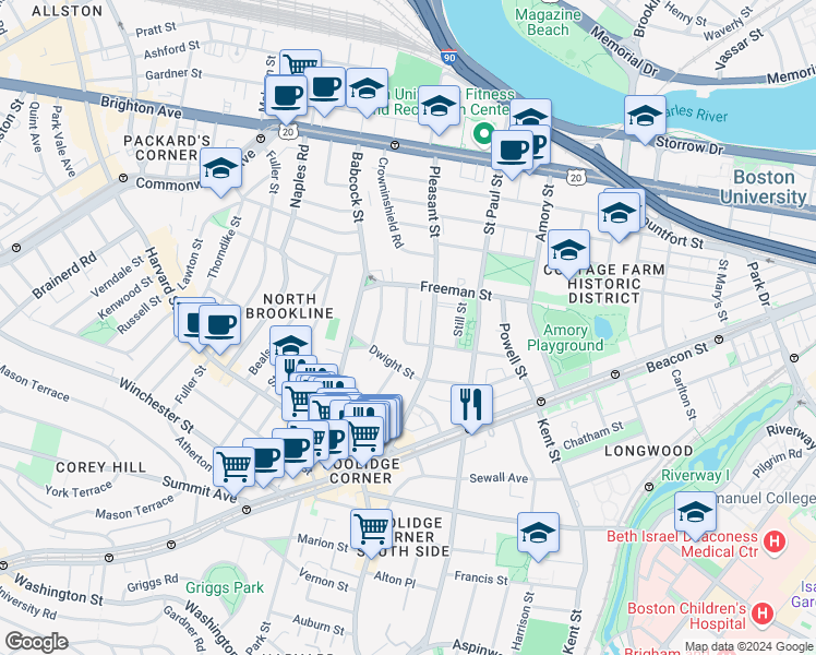 map of restaurants, bars, coffee shops, grocery stores, and more near 107 Browne Street in Brookline
