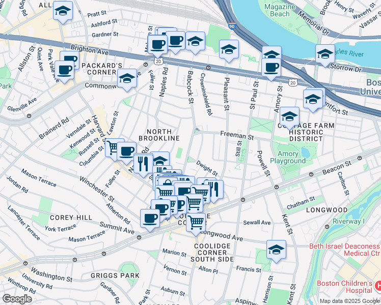 map of restaurants, bars, coffee shops, grocery stores, and more near 99 Babcock Street in Brookline