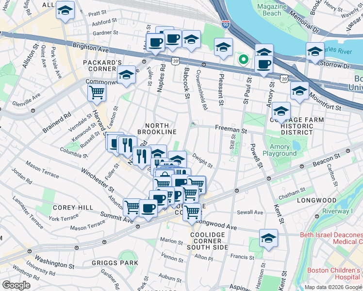 map of restaurants, bars, coffee shops, grocery stores, and more near 75 Stedman Street in Brookline