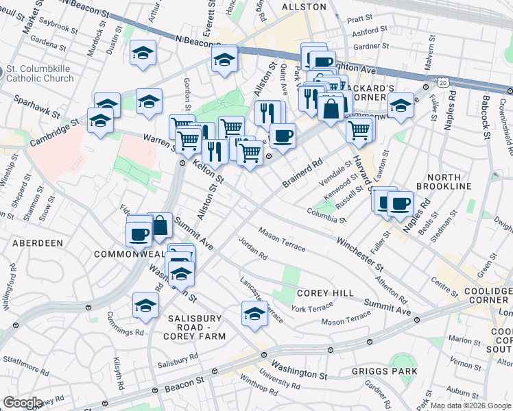 map of restaurants, bars, coffee shops, grocery stores, and more near 239 Kelton Street in Boston