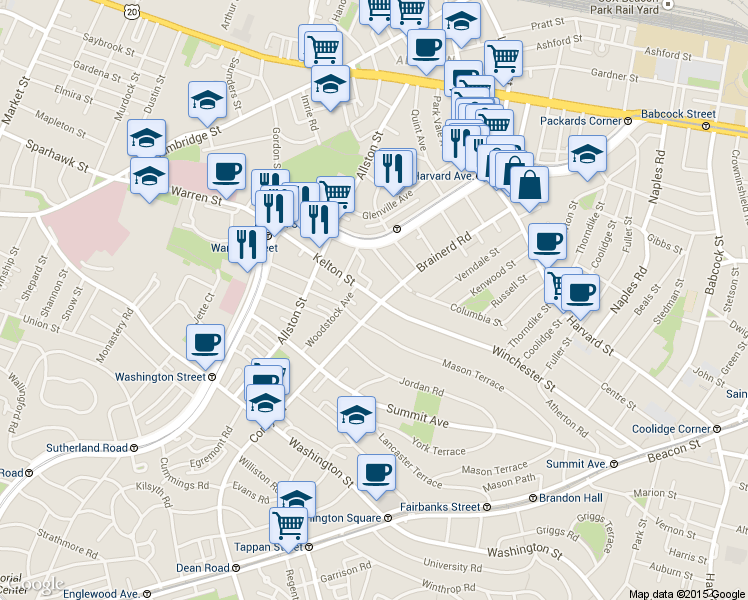 map of restaurants, bars, coffee shops, grocery stores, and more near 239 Kelton Street in Boston
