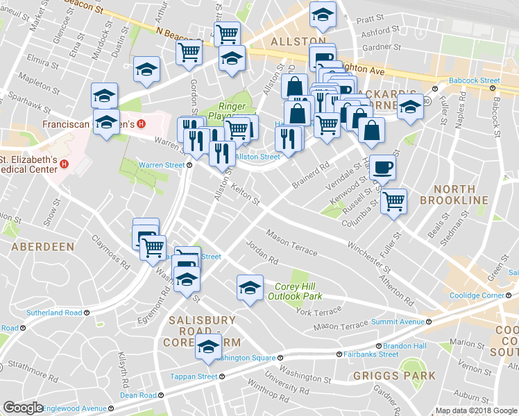 map of restaurants, bars, coffee shops, grocery stores, and more near 239 Kelton Street in Boston