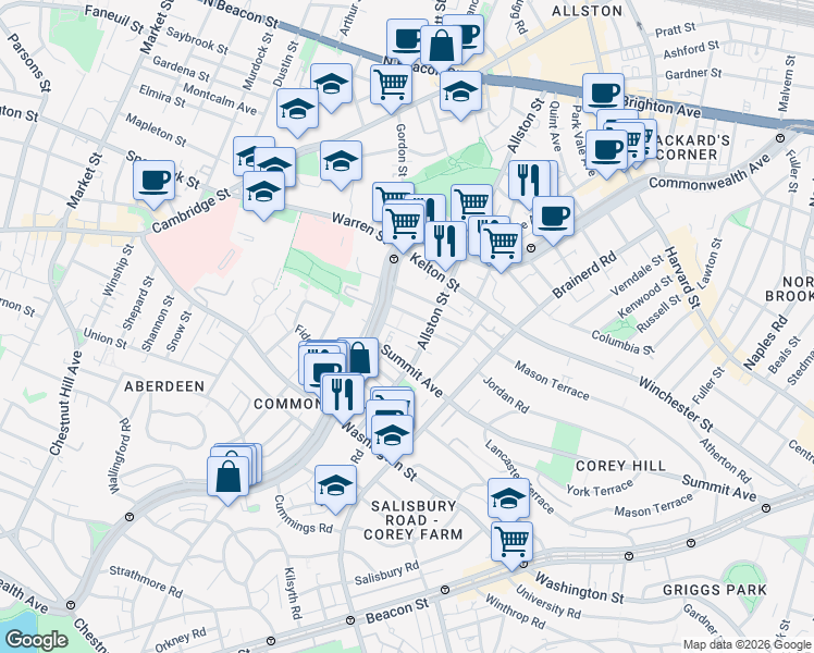 map of restaurants, bars, coffee shops, grocery stores, and more near 1486 Commonwealth Avenue in Boston