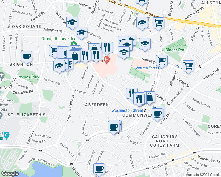 map of restaurants, bars, coffee shops, grocery stores, and more near 200 Washington Street in Boston