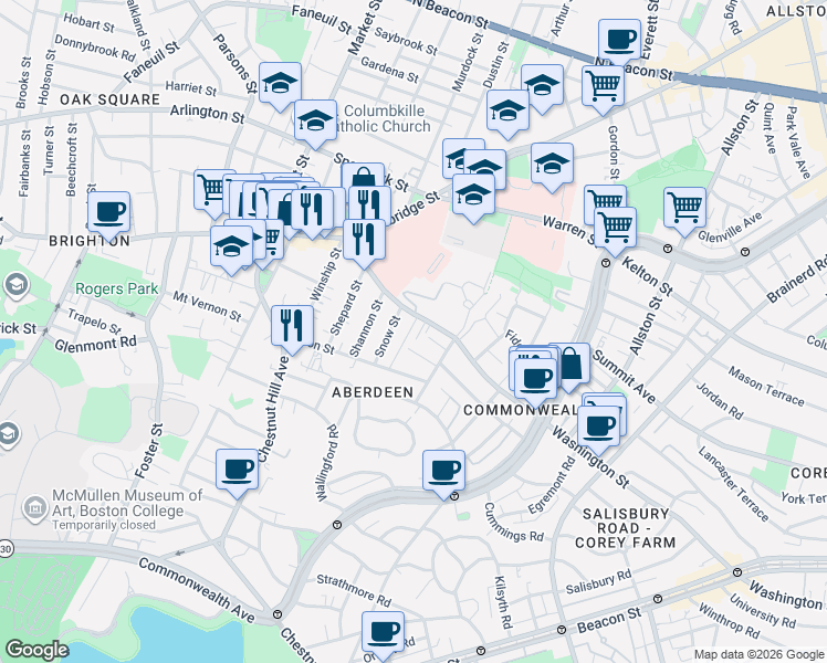 map of restaurants, bars, coffee shops, grocery stores, and more near 200 Washington Street in Boston