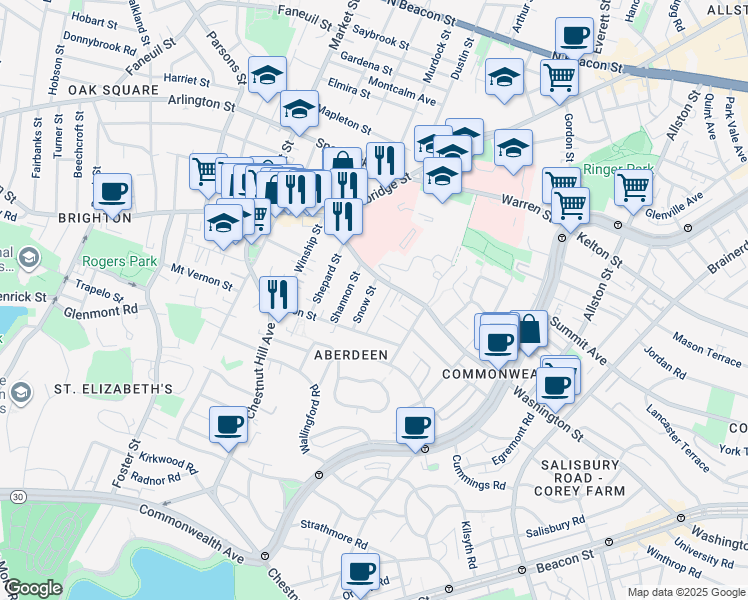 map of restaurants, bars, coffee shops, grocery stores, and more near 200 Washington Street in Boston