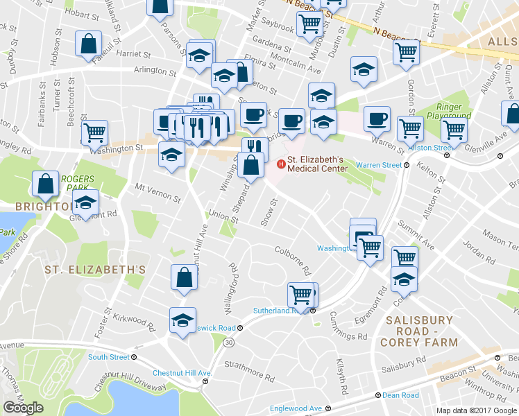 map of restaurants, bars, coffee shops, grocery stores, and more near 30 Shannon Street in Boston