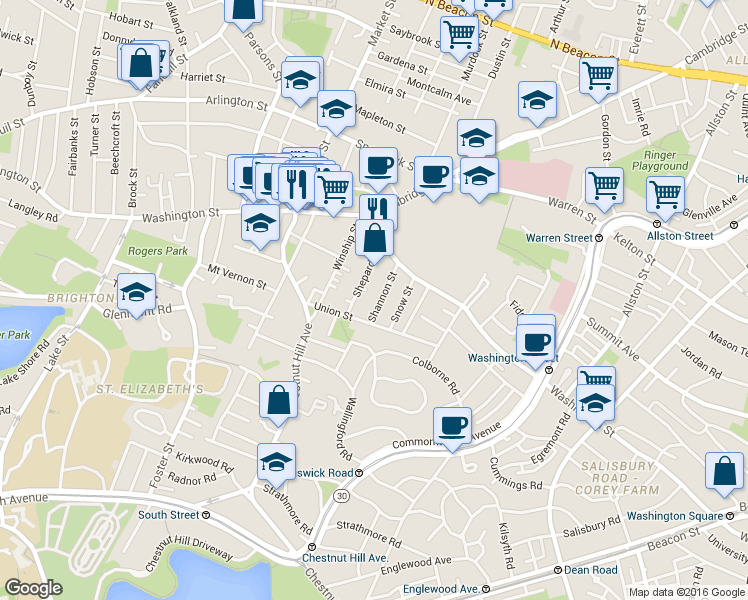 map of restaurants, bars, coffee shops, grocery stores, and more near 30 Shannon Street in Boston