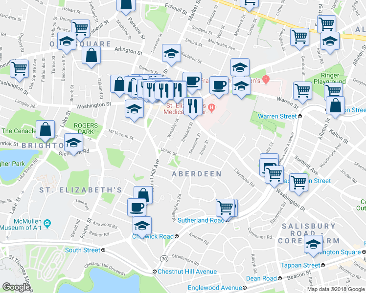 map of restaurants, bars, coffee shops, grocery stores, and more near 39 Shepard Street in Boston