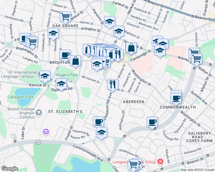 map of restaurants, bars, coffee shops, grocery stores, and more near 82 Academy Hill Road in Boston