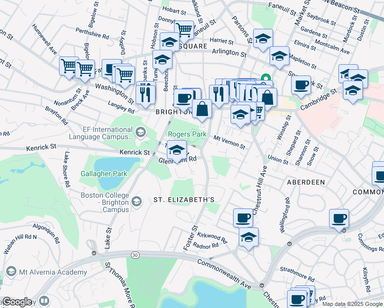 map of restaurants, bars, coffee shops, grocery stores, and more near 65 Rogers Park Avenue in Boston