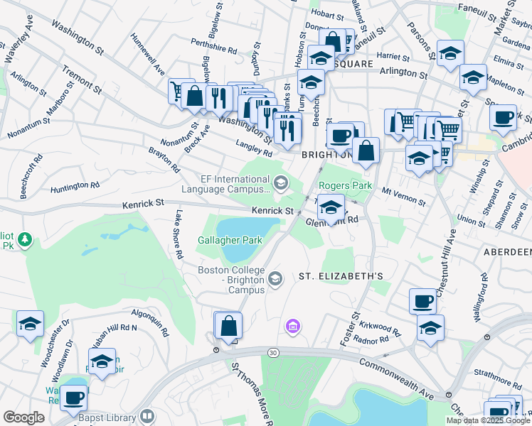 map of restaurants, bars, coffee shops, grocery stores, and more near 54 Kenrick Street in Boston