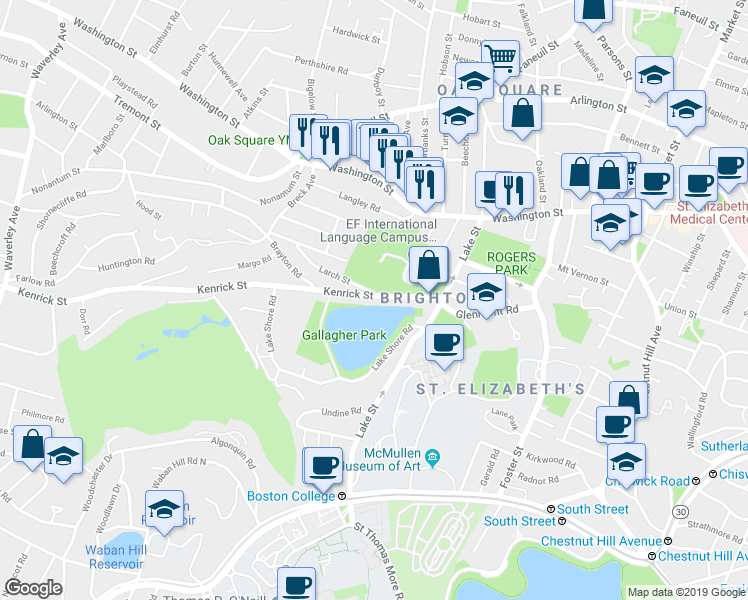 map of restaurants, bars, coffee shops, grocery stores, and more near 54 Kenrick Street in Boston