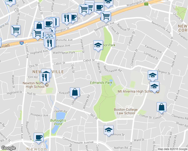 map of restaurants, bars, coffee shops, grocery stores, and more near 110 Withington Road in Newton