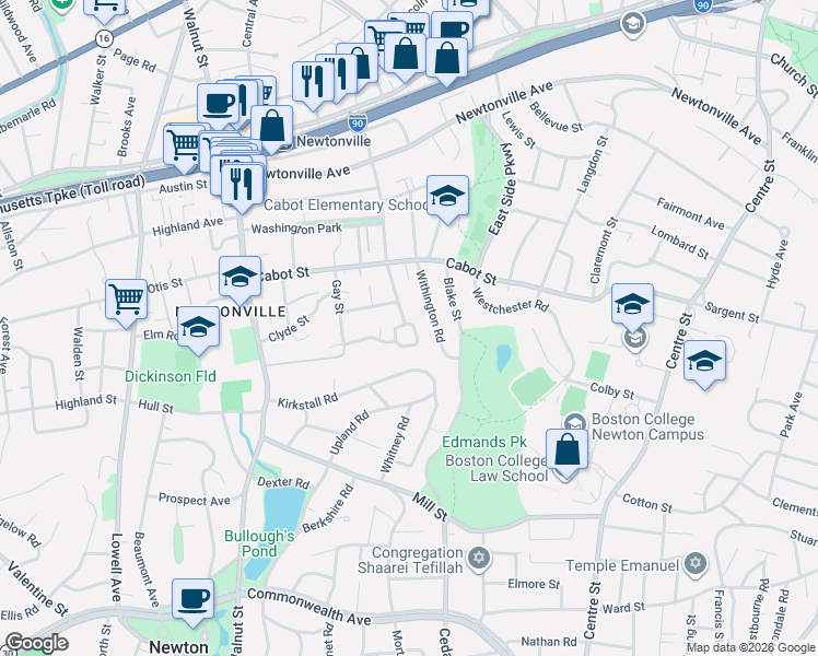 map of restaurants, bars, coffee shops, grocery stores, and more near 240 Harvard Circle in Newton