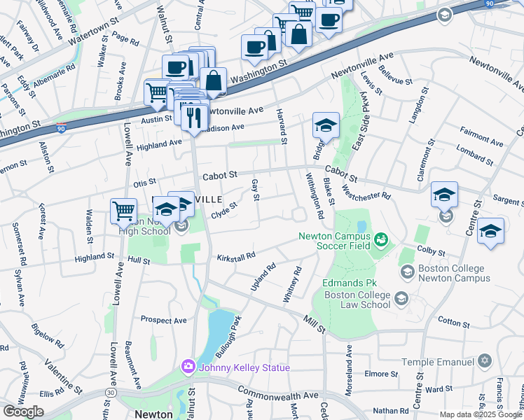 map of restaurants, bars, coffee shops, grocery stores, and more near 36 Frederick Street in Newton