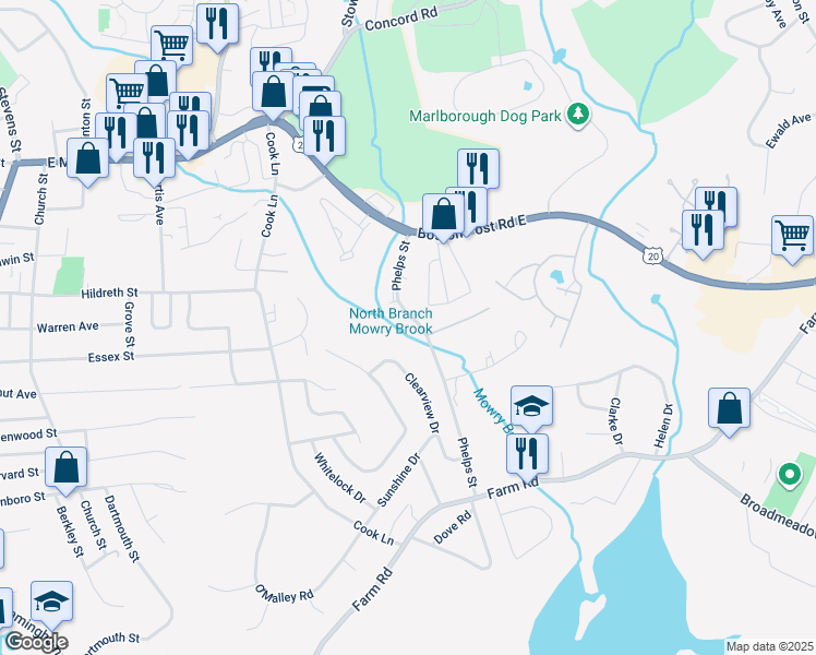 map of restaurants, bars, coffee shops, grocery stores, and more near 61 Phelps Street in Marlborough