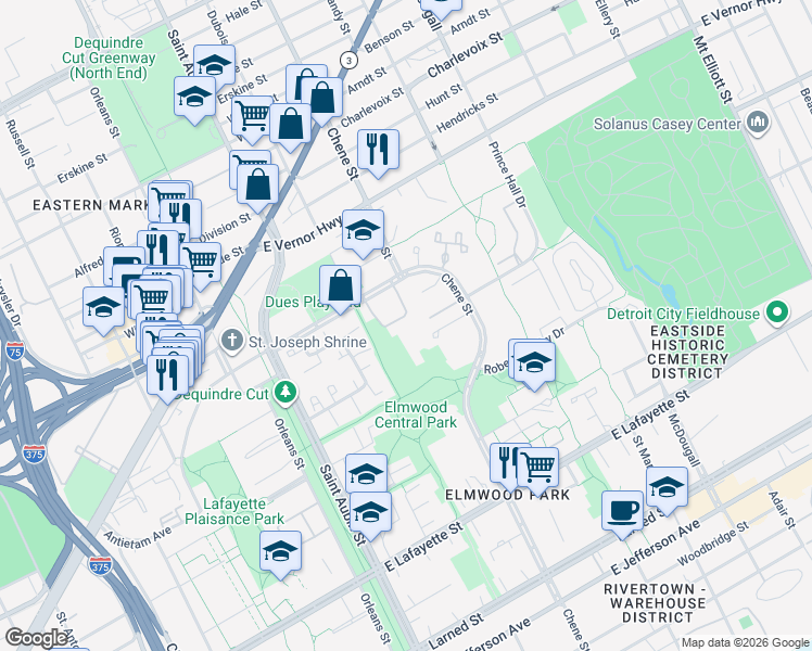 map of restaurants, bars, coffee shops, grocery stores, and more near 2125 Bryanston Crescent Street in Detroit