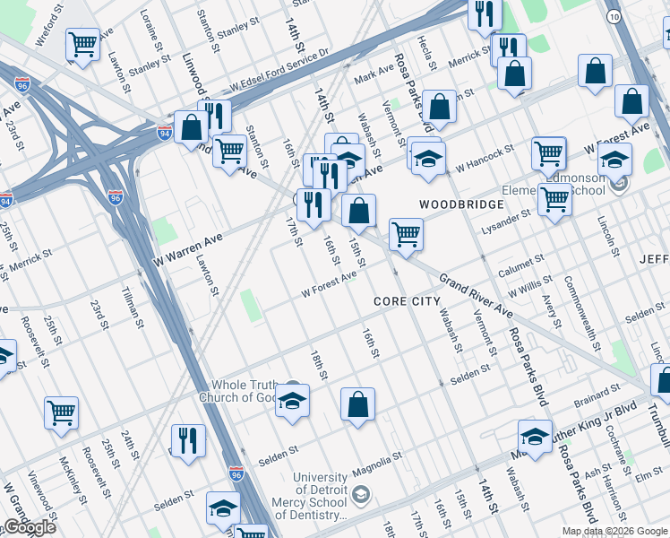 map of restaurants, bars, coffee shops, grocery stores, and more near 4651 16th Street in Detroit
