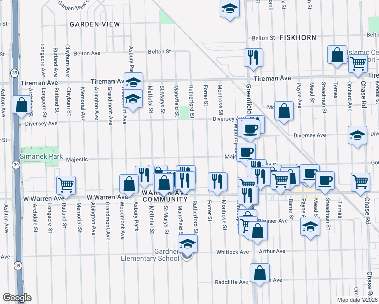 map of restaurants, bars, coffee shops, grocery stores, and more near 7430 Mansfield Street in Detroit