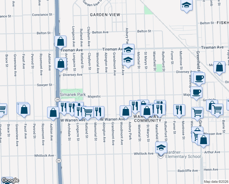 map of restaurants, bars, coffee shops, grocery stores, and more near 7434 Grandmont Avenue in Detroit
