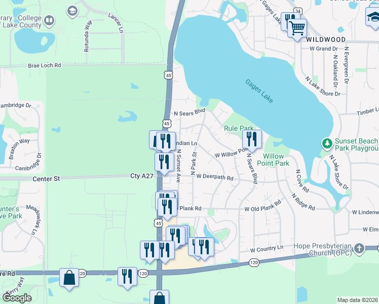 map of restaurants, bars, coffee shops, grocery stores, and more near 33326 North Indian Lane in Grayslake